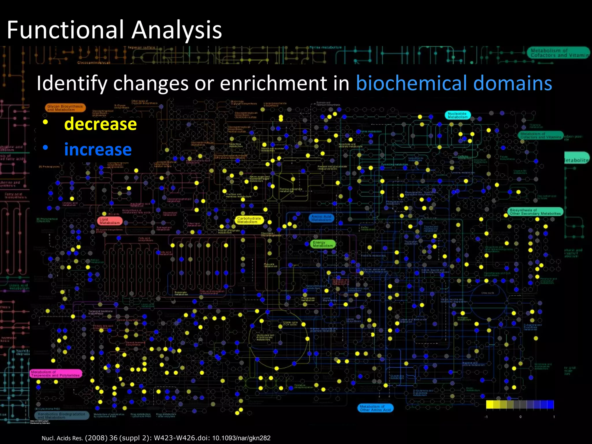 Functional Analysis
Nucl. Acids Res. (2008) 36 (suppl 2): W423-W426.doi: 10.1093/nar/gkn282
Identify changes or enrichment in biochemical domains
• decrease
• increase
 