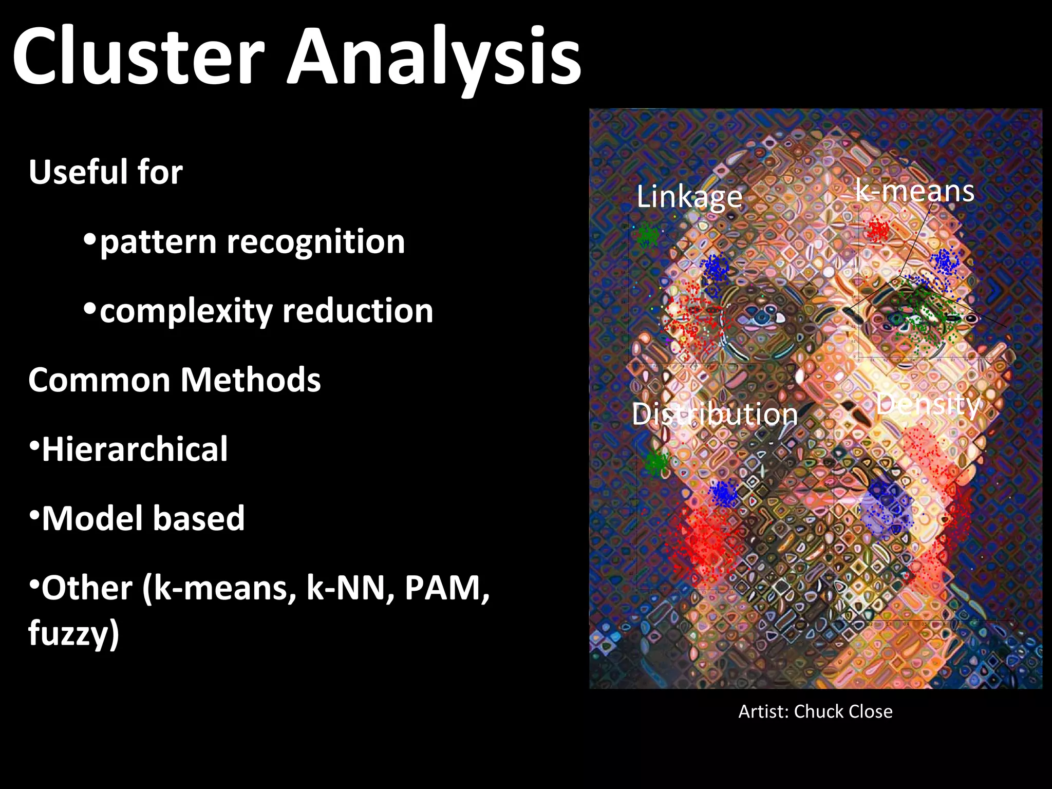 Artist: Chuck Close
Cluster Analysis
Useful for
•pattern recognition
•complexity reduction
Common Methods
•Hierarchical
•Model based
•Other (k-means, k-NN, PAM,
fuzzy)
Linkage k-means
Distribution Density
 