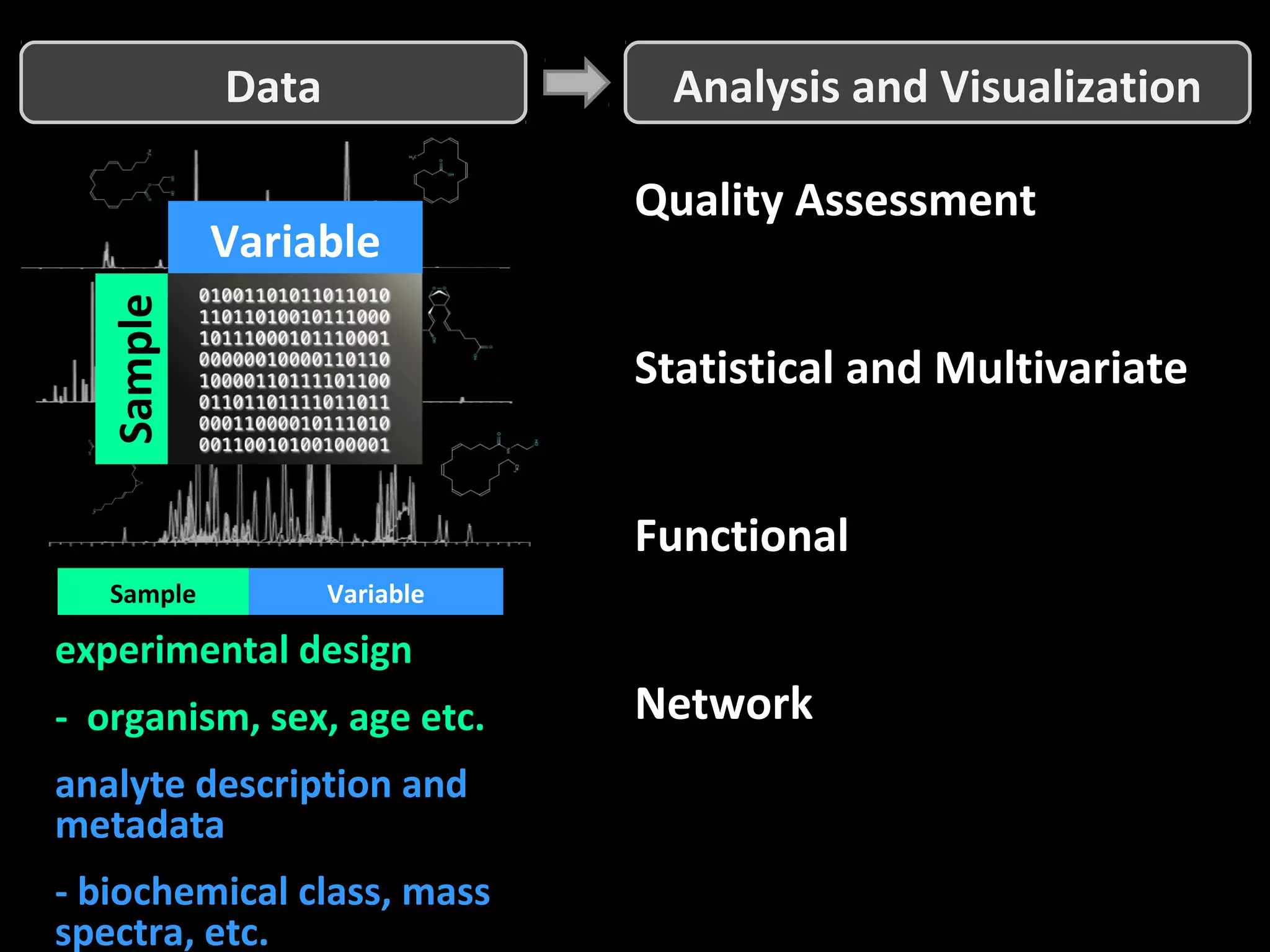 Sample
Variable
Data Analysis and Visualization
Quality Assessment
• use replicated mesurements
and/or internal standards to
estimate analytical variance
Statistical and Multivariate
• use the experimental design
to test hypotheses and/or
identify trends in analytes
Functional
• use statistical and multivariate
results to identify impacted
biochemical domains
Network
• integrate statistical and
multivariate results with the
experimental design and
analyte metadata
experimental design
- organism, sex, age etc.
analyte description and
metadata
- biochemical class, mass
spectra, etc.
VariableSample
 