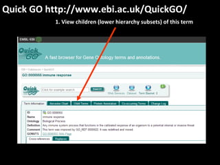 Quick GO http://www.ebi.ac.uk/QuickGO/
1. View children (lower hierarchy subsets) of this term
 