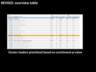 REVIGO: overview table
Cluster leaders prioritized based on enrichment p-value
 