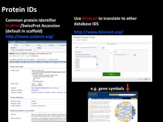 Protein IDs
Common protein identifier
UniProt/SwissProt Accession
(default in scaffold)
http://www.uniprot.org/
Use Biomart to translate to other
database IDS
http://www.biomart.org/
e.g. gene symbols
 