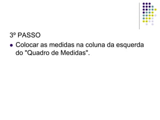 3º PASSO
 Colocar as medidas na coluna da esquerda
do "Quadro de Medidas".
 