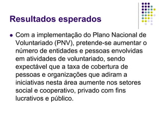 Resultados esperados
 Com a implementação do Plano Nacional de
Voluntariado (PNV), pretende-se aumentar o
número de entidades e pessoas envolvidas
em atividades de voluntariado, sendo
expectável que a taxa de cobertura de
pessoas e organizações que adiram a
iniciativas nesta área aumente nos setores
social e cooperativo, privado com fins
lucrativos e público.
 