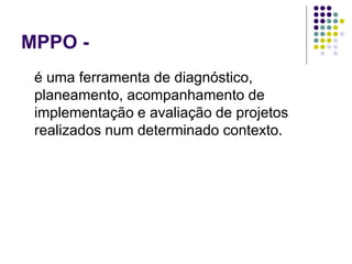 MPPO -
é uma ferramenta de diagnóstico,
planeamento, acompanhamento de
implementação e avaliação de projetos
realizados num determinado contexto.
 