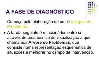 A FASE DE DIAGNÓSTICO
Começa pela elaboração de uma Listagem de
Problemas.
 A tarefa seguinte é relacioná-los entre si
através de uma técnica de visualização a que
chamamos Árvore de Problemas, que
consiste numa representação esquemática de
situações a melhorar no campo de intervenção.
 
