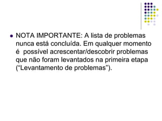  NOTA IMPORTANTE: A lista de problemas
nunca está concluída. Em qualquer momento
é possível acrescentar/descobrir problemas
que não foram levantados na primeira etapa
(“Levantamento de problemas”).
 