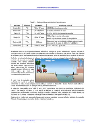 Noções Básicas de Proteção Radiológica




                                      Tabela 3 - Radionuclídeos naturais de origem terrestre

     Nuclídeo           Símbolo                  Meia-vida                                 Atividade natural
                            235                        8
    Urânio-235                   U          7,04 x 10 anos          48.000 Bq / tonelada de rocha
                            238
    Urânio-238                   U         4,47 x 109 anos          2.300 Bq / tonelada de rocha
                           232
     Tório-232                   Th        1,41 x 1010 anos         6.500 a 80.000 Bq / tonelada de rocha

                           226
                                                                    16 Bq / kg em pedras calcárias e
    Rádio-226                 Ra            1,60 x 103 anos
                                                                    48 Bq / kg em rochas ígneas ou magmáticas.
                           222                                      Gás nobre cuja concentração média anual no ar varia,
   Radônio-222                Rn                 3,82 dias
                                                                    dependendo do local, de 0,6 Bq/m3 a 28 Bq/m3
                            40
   Potássio-40                   K          1,28 x 109 anos          0,037 a 1,1 Bq / g de solo



Atualmente sabe-se que aproximadamente metade da radiação a qual o homem está exposto, provém da
radiação cósmica. Há certos lugares que recebem mais radiação cósmica do que outros, como por exemplo
as regiões polares. Verifica-se também que a intensidade dessa radiação aumenta com o aumento da altitude.
As fontes terrestres (solo, água) de radiação são responsáveis por uma outra parte da radiação natural a qual o
homem está exposto. A radiação
causada pelas fontes terrestres
provém dos materiais radioativos
que se encontram distribuídos no
solo e nas rochas. Os níveis de
radiação terrestre diferem de lugar
para     lugar,     já    que     as
concentrações destes materiais na
crosta terrestre podem variar.


O maior nível de radiação natural
conhecido no mundo é verificado
em Kerala, na Índia, níveis comparáveis de radiação ocorrem no Brasil, Irã e Sudão. Nenhum efeito adverso à
saúde, decorrente de doses de radiação natural, tem sido observado.
A partir da descoberta dos raios X em 1895, uma série de avanços científicos ocorreram no
campo da energia nuclear, o que levou o homem a produzir artificialmente vários materiais
radioativos e a aprender a utilizar a energia do átomo para os mais variados propósitos: medicina,
indústria, agricultura, pesquisas, geração de energia elétrica e para fins bélicos.
Atualmente, a medicina é responsável pela maior parte da exposição humana às fontes artificiais de radiação.
A tabela 4 mostra alguns exemplos destes materiais radioativos.




Instituto de Pesquisas Energéticas e Nucleares                                                                 ipen-cnen/sp 11/10
 
