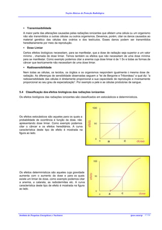 Noções Básicas de Proteção Radiológica




      •   Transmissibilidade
      A maior parte das alterações causadas pelas radiações ionizantes que afetam uma célula ou um organismo
      não são transmitidos a outras células ou outros organismos. Devemos, porém, citar os danos causados ao
      material genético das células dos ovários e dos testículos. Esses danos podem ser transmitidos
      hereditariamente por meio da reprodução.
      •   Dose Limiar
      Certos efeitos biológicos necessitam, para se manifestar, que a dose de radiação seja superior a um valor
      mínimo , chamada de dose limiar. Temos também os efeitos que não necessitam de uma dose mínima
      para se manifestar. Como exemplo podemos citar a anemia cuja dose limiar é de 1 Sv e todas as formas de
      câncer que teoricamente não necessitam de uma dose limiar.
      •   Radiosensibilidade
      Nem todas as células, os tecidos, os órgãos e os organismos respondem igualmente à mesma dose de
      radiação. As diferenças de sensibilidade observadas seguem a “lei de Bergonie e Tribondeau” a qual diz: “a
      radiosensibilidade das células é diretamente proporcional a sua capacidade de reprodução e inversamente
      proporcional ao seu grau de especialização”. Por exemplo a pele e as células produtoras de sangue.


5.4       Classificação dos efeitos biológicos das radiações ionizantes
Os efeitos biológicos das radiações ionizantes são classificados em estocásticos e determinísticos.




Os efeitos estocásticos são aqueles para os quais a
probabilidade de ocorrência é função da dose, não
apresentando dose limiar. Como exemplo podemos
citar o câncer e os efeitos hereditários. A curva
característica deste tipo de efeito é mostrada na
figura ao lado.




Os efeitos determinísticos são aqueles cuja gravidade
aumenta com o aumento da dose e para os quais
existe um limiar de dose, como exemplo podemos citar
a anemia, a catarata, as radiodermites etc. A curva
característica deste tipo de efeito é mostrada na figura
ao lado.




Instituto de Pesquisas Energéticas e Nucleares                                                 ipen-cnen/sp 17/16
 