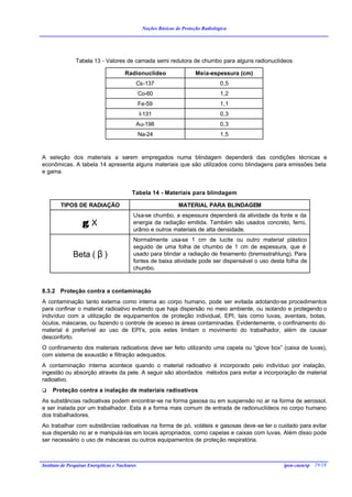 Noções Básicas de Proteção Radiológica




                Tabela 13 - Valores de camada semi redutora de chumbo para alguns radionuclídeos

                                        Radionuclídeo                     Meia-espessura (cm)
                                             Cs-137                                  0,5
                                                 Co-60                               1,2
                                                 Fe-59                               1,1
                                                 I-131                               0,3
                                             Au-198                                  0,3
                                                 Na-24                               1,5



A seleção dos materiais a serem empregados numa blindagem dependerá das condições técnicas e
econômicas. A tabela 14 apresenta alguns materiais que são utilizados como blindagens para emissões beta
e gama.


                                            Tabela 14 - Materiais para blindagem

         TIPOS DE RADIAÇÃO                                        MATERIAL PARA BLINDAGEM
                                            Usa-se chumbo, a espessura dependerá da atividade da fonte e da
                   γ, X                     energia da radiação emitida. Também são usados concreto, ferro,
                                            urânio e outros materiais de alta densidade.
                                            Normalmente usa-se 1 cm de lucite ou outro material plástico
                                            seguido de uma folha de chumbo de 1 cm de espessura, que é
               Beta ( β )                   usado para blindar a radiação de freiamento (bremsstrahlung). Para
                                            fontes de baixa atividade pode ser dispensável o uso desta folha de
                                            chumbo.



8.3.2 Proteção contra a contaminação
A contaminação tanto externa como interna ao corpo humano, pode ser evitada adotando-se procedimentos
para confinar o material radioativo evitando que haja dispersão no meio ambiente, ou isolando e protegendo o
indivíduo com a utilização de equipamentos de proteção individual, EPI, tais como luvas, aventais, botas,
óculos, máscaras, ou fazendo o controle de acesso às áreas contaminadas. Evidentemente, o confinamento do
material é preferível ao uso de EPI’s, pois estes limitam o movimento do trabalhador, além de causar
desconforto.
O confinamento dos materiais radioativos deve ser feito utilizando uma capela ou “glove box” (caixa de luvas),
com sistema de exaustão e filtração adequados.
A contaminação interna acontece quando o material radioativo é incorporado pelo indivíduo por inalação,
ingestão ou absorção através da pele. A seguir são abordados métodos para evitar a incorporação de material
radioativo.
q    Proteção contra a inalação de materiais radioativos
As substâncias radioativas podem encontrar-se na forma gasosa ou em suspensão no ar na forma de aerossol,
e ser inalada por um trabalhador. Esta é a forma mais comum de entrada de radionuclídeos no corpo humano
dos trabalhadores.
Ao trabalhar com substâncias radioativas na forma de pó, voláteis e gasosas deve-se ter o cuidado para evitar
sua dispersão no ar e manipulá-las em locais apropriados, como capelas e caixas com luvas. Além disso pode
ser necessário o uso de máscaras ou outros equipamentos de proteção respiratória.



Instituto de Pesquisas Energéticas e Nucleares                                                        ipen-cnen/sp 29/28
 