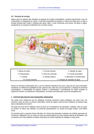 Noções Básicas de Proteção Radiológica




4.4 Geração de energia
Alguns tipos de reatores são utilizados na geração de energia nucleoelétrica, variando basicamente o tipo de
combustível e o refrigerante do núcleo. O princípio de geração de energia é o mesmo em todos eles, ou seja, a
energia liberada pelo núcleo é utilizada para gerar vapor, o qual movimenta uma turbina. Na figura a seguir,
apresenta-se um esquema simplificado de um reator nuclear.




          1. Núcleo do reator                            2. Circuito primário                   3. Gerador de vapor
            4. Pressurizador                           5. Vaso de contenção                    6. Circuito secundário
               7. Turbinas                               8. Gerador elétrico               9. Alternador e Transformador
                     10. Circuito terciário                                      11. Estação de captação de água


Dentre as inúmeras contribuições que o uso de materiais radioativos traz para o dia-a-dia de nossa sociedade,
resultando na melhoria da qualidade de vida, pode-se citar, além dos usos já descritos, a datação de amostras
arqueológicas, a esterilização de esgotos urbanos, a identificação e quantificação de metais pesados no
organismo humano, as baterias de marca-passos, as fontes luminosas para avisos de emergência etc.


5 EFEITOS BIOLÓGICOS DAS RADIAÇÕES IONIZANTES
Há muitos anos verificou-se que as radiações ionizantes produziam danos biológicos nos seres vivos. Os
primeiros casos de dano ao homem (dermatites, perda de cabelo, anemia) foram relatados na literatura logo
após a descoberta dos raios X.
Ao longo dos anos foram relatados casos de dano em consequência da exposição à radiação, entre os quais
se incluem os danos que afetaram os primeiros pesquisadores no campo da energia nuclear, como Marie
Curie.
Foi somente após a segunda Guerra Mundial, em virtude das explosões nucleares nas cidades japonesas de
Hiroshima e Nagazaki e do uso cada vez maior de radionuclídeos nos mais variados setores de atividades, que
se estudou com mais detalhes os efeitos produzidos por doses repetidas de radiação a longo prazo.




Instituto de Pesquisas Energéticas e Nucleares                                                             ipen-cnen/sp 15/14
 