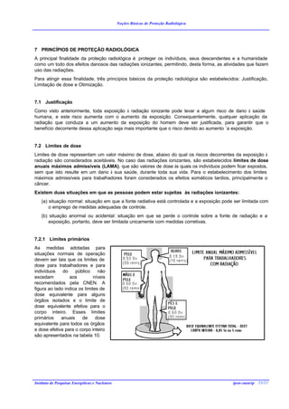 Noções Básicas de Proteção Radiológica




7 PRINCÍPIOS DE PROTEÇÃO RADIOLÓGICA
A principal finalidade da proteção radiológica é proteger os indivíduos, seus descendentes e a humanidade
como um todo dos efeitos danosos das radiações ionizantes, permitindo, desta forma, as atividades que fazem
uso das radiações.
Para atingir essa finalidade, três princípios básicos da proteção radiológica são estabelecidos: Justificação,
Limitação de dose e Otimização.


7.1 Justificação
Como visto anteriormente, toda exposição à radiação ionizante pode levar a algum risco de dano à saúde
humana, e este risco aumenta com o aumento da exposição. Consequentemente, qualquer aplicação da
radiação que conduza a um aumento da exposição do homem deve ser justificada, para garantir que o
benefício decorrente dessa aplicação seja mais importante que o risco devido ao aumento `a exposição.


7.2 Limites de dose
Limites de dose representam um valor máximo de dose, abaixo do qual os riscos decorrentes da exposição à
radiação são considerados aceitáveis. No caso das radiações ionizantes, são estabelecidos limites de dose
anuais máximos admissíveis (LAMA), que são valores de dose às quais os indivíduos podem ficar expostos,
sem que isto resulte em um dano à sua saúde, durante toda sua vida. Para o estabelecimento dos limites
máximos admissíveis para trabalhadores foram considerados os efeitos somáticos tardios, principalmente o
câncer.
Existem duas situações em que as pessoas podem estar sujeitas às radiações ionizantes:
    (a) situação normal: situação em que a fonte radiativa está controlada e a exposição pode ser limitada com
        o emprego de medidas adequadas de controle.
    (b) situação anormal ou acidental: situação em que se perde o controle sobre a fonte de radiação e a
        exposição, portanto, deve ser limitada unicamente com medidas corretivas.


7.2.1 Limites primários
As medidas adotadas para
situações normais de operação
devem ser tais que os limites de
dose para trabalhadores e para
indivíduos    do    público     não
excedam          aos          níveis
recomendados pela CNEN. A
figura ao lado indica os limites de
dose equivalente para alguns
órgãos isolados e o limite de
dose equivalente efetiva para o
corpo inteiro. Esses limites
primários    anuais     de     dose
equivalente para todos os órgãos
e dose efetiva para o corpo inteiro
são apresentados na tabela 10.




Instituto de Pesquisas Energéticas e Nucleares                                               ipen-cnen/sp 23/22
 