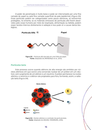 16
PROTEÇÃO RADIOLÓGICA NO DIAGNÓSTICO E TERAPIA
O poder de penetração é muito baixo e pode ser interrompido por uma fina
camada de papel ou pela fina camada superficial da pele (epiderme), (Figura 03).
Estas partículas podem ser categorizadas como pouco ofensivas, se estivermos
protegidos, no entanto, se os materiais emissores de partículas alfa forem absor-
vidos pelo corpo humano por meio da respiração, alimentação ou bebida, podem
expor tecidos internos diretamente à radiação e isso pode vir a causar danos bio-
lógicos.
Figura 03 − Partícula alfa barrada em uma folha de papel.
Fonte: Adaptado de (MENDONÇA et al., 2013).
Figura 04 − Núcleo atômico e a emissão da partícula beta.
Fonte: Adaptado de (OKUNO; YOSHIMURA, 2016).
Partículas beta
Este processo ocorre quando elétrons de alta energia são emitidos por nú-
cleos atômicos em que ocorre uma conversão nuclear de um próton em um nêu-
tron, com surgimento de um elétron e um neutrino. O próton permanece no núcleo
atômico, o neutrino e o elétron são projetados para fora, formando, assim, a radia-
ção beta (Figura 04).
 