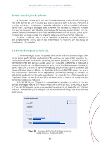 20
PROTEÇÃO RADIOLÓGICA NO DIAGNÓSTICO E TERAPIA
Fontes de radiação não seladas
A fonte não selada pode ser conceituada como um material radioativo que
não está dentro de um invólucro que evite o contato com a mesma. Portanto, é
possível entrar em contato com o material radioativo, e inclusive administrá-lo em
seres vivos. A principal aplicação para as fontes não seladas é a medicina nuclear,
em que os materiais são diluídos, agregados a fármacos e administrados nos pa-
cientes. O radionuclídeo mais utilizado na medicina nuclear é o Tc99m, que é admi-
nistrado por via intravenosa e se espalha pelo organismo, emitindo radiação.
Pode-se conceituar	 ainda que os materiais radioativos, também denomina-
dos simplesmente fontes, podem ser encontradas na medicina em dois tipos: as
seladas e as não seladas.
	
1.3. Efeitos biológicos da radiação
	 O termo radiação evoca respostas emocionais entre indivíduos leigos, bem
como entre profissionais, particularmente, quando as exposições ocorrem du-
rante determinados momentos ou situações, como gravidez e infância. Então, o
comportamento das pessoas pode variar de completa indiferença à radiação e
desconsideração de medidas cautelares até o medo irreal de qualquer associação
com a radiação. O professor Jaworowski (1998), presidente do Comitê Científico das
Nações Unidas sobre os Efeitos da Radiação Atômica (UNSCEAR), observou que a
fobia nuclear e a radiofobia foram expressões dominantes na segunda metade do
século XX, particularmente após os acidentes na Usina de Three Mille Island e em
Chernobyl. Esses termos foram usados para descrever o estado de ansiedade em
torno da exposição à radiação.
A UNSCEAR (Figura 06) publicou os níveis de exposições mundiais do homem
devido à radiação natural e irradiação médica nos anos de 1982 e de 2008, e assim
a Proteção Radiológica torna-se perceptível no contexto da evolução das práticas
médicas. Percebe-se que a radiação natural aumentou ao longo dos anos e outras
diminuíram.
Figura 06 − Exposição do Homem à Radiação Ionizante.
Fonte: Adaptado de (OKUNO, 2013).
 