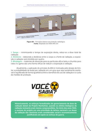 26
PROTEÇÃO RADIOLÓGICA NO DIAGNÓSTICO E TERAPIA
Figura 08 − Princípios básicos da proteção radiológica.
Fonte: Adaptado de CNEN-NN-3.01
1. Tempo – minimizando o tempo de exposição direta, reduz-se a dose total de
radiação.
2. Distância – dobrando a distância entre o corpo e a fonte de radiação, a exposi-
ção à radiação será dividida por quatro.
3. Blindagem – materiais de absorção para as partículas alfa e beta; e chumbo para
raios X e gama são uma forma eficaz de reduzir a exposição à radiação.
	 Atualmente, a aplicação do princípio ALARA é motivada pelo desejo de limi-
tar a probabilidade de lesão por radiação em um grau que seja socialmente aceitá-
vel e equilibrado de forma igualitária entre o benefício do uso de radiação e o custo
da medida de proteção.
Historicamente, os esforços formalizados de gerenciamento de dose de
radiação datam do Projeto Manhattan, quando os efeitos biológicos da
radiação ionizante eram menos compreendidos. No início dos anos 1940,
o sucesso do projeto era uma prioridade de defesa nacional e as doses
de radiação dos cientistas eram consideradas social e economicamente
justificáveis em apoio ao esforço de guerra.
 