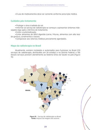 77
PROTEÇÃO RADIOLÓGICA NO DIAGNÓSTICO E TERAPIA
•	O uso de medicamentos deve ser somente conforme prescrição médica.
Cuidados pós-tratamento:
•	Proteger a área irradiada do sol.
•	Informar ao serviço de radioterapia se começar a apresentar sintomas inde-
sejados logo após o término do tratamento.
•	Evitar a automedicação.
•	Evitar alimentos de difícil digestão (carne, frituras, alimentos com alto teor
de gordura, condimentos e doces).
•	Comparecer aos retornos médicos previamente agendados.
Mapa da radioterapia no Brasil
Atualmente, existem instalados e autorizados para funcionar no Brasil 233
serviços de radioterapia, distribuídos em 24 estados e no Distrito Federal, e 156
desses serviços prestam atendimento ao Sistema Único de Saúde no país (Figura
15).
Figura 15 – Serviço de radioterapia no Brasil.
Fonte: Arquivo de imagens dos autores.
 