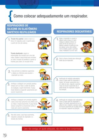 1.
3.
4.
Apoie o respirador no queixo e
depois cubra a boca e o nariz.
Coloque o elástico inferior na
parte de trás do pescoço e o
elástico superior na parte de trás
da cabeça, acima das orelhas.
Com os dedos, ajuste o grampo
nasal, moldando-o ao seu nariz.
Verificação de vedação (valvulados):
cubra a maior parte do respirador e
inspire. Se houver vazamento de ar
em volta do nariz, reajuste o grampo
nasal. Se houver vazamento de ar
pelas bordas do respirador, reajuste
sua posição.
Verificação de vedação (não-valvulados):
cubra a maior parte do respirador e
expire. Se houver vazamento de ar em
volta do nariz, reajuste o grampo nasal.
Se houver vazamento de ar pelas bordas
do respirador, reajuste sua posição.
2. Esta é a forma correta para colocação
deste tipo de respirador.
Caso não consiga um ajuste adequado, não entre na área contaminada.
RESPIRADORES DESCARTÁVEIS
1. Tirante fixo padrão: cubra o nariz e a
boca. Em seguida, puxe o suporte para
a parte de cima da cabeça.
Tirante deslizante: segure a
extremidade dos tirantes com uma das
mãos. Deslize a peça facial para encaixar
no rosto. Encaixe as presilhas e ajuste os
tirantes para obter um encaixe firme.
2. Puxe primeiro os elásticos superiores
e depois os inferiores para ajustar o
respirador ao rosto.
3. Verifique a vedação com pressão positiva:
tampe com as mãos a saída da válvula
de exalação e expire levemente. A peça
facial deverá se expandir suavemente sem
ocorrer vazamento.
4. Verifique a vedação com pressão negativa:
cubra a face dos cartuchos e/ou filtros comm
as mãos e inspire levemente. A peça faciall
deverá comprimir-se levemente contra o
rosto sem ocorrer vazamento.
5. Nos dois casos, caso haja vazamento,
reajuste a posição do respirador e a
tensão dos tirantes.
RESPIRADORES DE
SILICONE OU ELASTÔMERO
SINTÉTICO REUTILIZÁVEIS
Como colocar adequadamente um respirador.aa
16
 