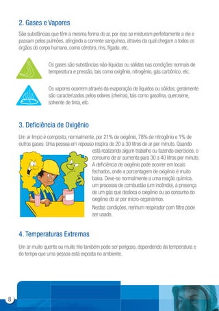 Um ar limpo é composto, normalmente, por 21% de oxigênio, 78% de nitrogênio e 1% de
outros gases. Uma pessoa em repouso respira de 20 a 30 litros de ar por minuto. Quando
está realizando algum trabalho ou fazendo exercícios, o
consumo de ar aumenta para 30 a 40 litros por minuto.
A deficiência de oxigênio pode ocorrer em locais
fechados, onde a porcentagem de oxigênio é muito
baixa. Deve-se normalmente a uma reação química,
um processo de combustão (um incêndio), à presença
de um gás que desloca o oxigênio ou ao consumo do
oxigênio do ar por micro-organismos.
Nestas condições, nenhum respirador com filtro pode
ser usado.
São substâncias que têm a mesma forma do ar, por isso se misturam perfeitamente a ele e
passam pelos pulmões, atingindo a corrente sanguínea, através da qual chegam a todos os
órgãos do corpo humano, como cérebro, rins, fígado, etc.
Um ar muito quente ou muito frio também pode ser perigoso, dependendo da temperatura e
do tempo que uma pessoa está exposta no ambiente.
Os gases são substâncias não-líquidas ou sólidas nas condições normais de
temperatura e pressão, tais como oxigênio, nitrogênio, gás carbônico, etc.
Os vapores ocorrem através da evaporação de líquidos ou sólidos; geralmente
são caracterizados pelos odores (cheiros), tais como gasolina, querosene,
solvente de tinta, etc.
2. Gases e Vapores
3. Deficiência de Oxigênio
4. Temperaturas Extremas
8
 