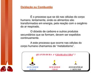 SEM COMER
30 DIAS
SEM BEBER
3 DIAS
SEM RESPIRAR
3 MINUTOS
QUANTO DURA A “CHAMA DA VIDA” ?
Oxidação ou Combustão
É o processo que se dá nas células do corpo
humano, lentamente, onde os alimentos são
transformados em energia, pela reação com o oxigênio
do ar respirado.
O dióxido de carbono e outros produtos
secundários que se formam, devem ser expelidos
continuamente.
A este processo que ocorre nas células do
corpo humano chamamos de “metabolismo”.
 