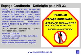 www.grupoincatep.com.br 30
“Espaço Confinado é qualquer área ou
ambiente não projetado para ocupação
humana contínua, que possua meios
limitados de entrada e saída, cuja
ventilação existente é insuficiente para
remover contaminantes ou onde possa
existir a deficiência ou enriquecimento de
oxigênio”.
Em um ambiente confinado os seguintes
riscos podem estar presentes:
▪Incêndio ou Explosão;
▪Perda de consciência devido a aumento de
temperatura corporal;
▪Perda de consciência devido a asfixia por
fumos, vapores ou deficiência de oxigênio.
Espaço Confinado - Definição pela NR 33
PERIGO!
ENTRADA NÃO AUTORIZADA
NECESSÁRIO TREINAMENTO E
PRECAUÇÕES ESPECIAIS
ESPAÇO CONFINADO
 