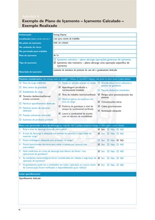 46
Apêndice 4
Exemplo de Plano de Içamento – Içamento Calculado –
Exemplo Realizado
Embarcação Acergy Osprey
Localização (popa, convés, cais etc.) Cais para convés de trabalho
No. plano de içamento OSP-07-LP0031
No. avaliação de riscos -
No. permissão para trabalho -
Peso do içamento 90 Te
Tipo de içamento
o Içamento rotineiro – plano abrange operações genéricas de içamento
 Içamento não rotineiro – plano abrange uma operação específica de
içamento
Descrição do içamento
Içamento de estrutura de proteção do cais até o gradeamento dedicado
Possíveis considerações (não abrange todas as situações – marque se relevante e comente cada ponto no plano ‘passo a passo’ abaixo)
o Peso da carga indefinido
o Alto centro de gravidade
o Estabilidade da carga
 Tamanho desfavorável/forma/
arestas cortantes
o Nenhum aparelhamento dedicado
o Nenhum ponto de içamento
dedicado
o Fixação submarina removida?
o Içamento de produtos químicos
o Carga no estrado precisa ser presa
 Aparelhagem certificada e
corretamente instalada
 Área de trabalho restrita/confinada
o Nenhum ponto de içamento em
cima da carga
 Potência do guindaste e nível do
tanque de combustível verificado
 Lastro e combustível de acordo
com os cálculos de estabilidade
o Grande altura entre cabeçote e
gancho do guindaste
o Fatores dinâmicos envolvidos
 Perigos para pessoas/posição das
pessoas
 Comunicações claras
 Cabos guia/manuseio
 Iluminação adequada
Rota a ser percorrida e área de descarga (se responder ‘não’ a qualquer pergunta, explique no plano ‘passo a passo’ abaixo)
1 Rota e área de descarga livres de obstruções?  Sim o Não o ND
2 A área de descarga é adequada em termos de tamanho e capacidade de
suportar carga?
 Sim o Não o ND
3 Existe embalagem adequada para proteção da carga? o Sim o Não  ND
4 Foram posicionadas barreiras para evitar o acesso por pessoas não
autorizadas?
 Sim o Não o ND
5 Você confirmou se a área de descarga está dentro do limite / raio
operacional do guindaste?
 Sim o Não o ND
6 As condições meteorológicas foram consideradas em relação à segurança da
operação de içamento?
 Sim o Não o ND
7 O guindasteiro pode ver o sinalizador em toda a operação, ou outros meios
de comunicação foram verificados e disponibilizados (p.ex. rádios)?
 Sim o Não o ND
Listar aparelhamento
Aparelhamento dedicado
 