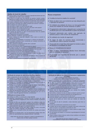 Verificação de estropos de cabo de aço, manilhas e ganchos
Todo o equipamento de içamento deve ter a certificação apropriada
u Verifique se o código de cores é atual, se o estropo possui o número e a
carga de trabalho segura visíveis,e se esta é a correta para a carga esperada.
u Examine se existe desgaste, corrosão, abrasão e/ou danos físicos
u Verifique se a montagem foi instalada corretamente de acordo com os
procedimentos aprovados de sua empresa
u Verifique se as manilhas apresentam a carga de trabalho segura (SWL)
correta e o dispositivo apropriado de fixação instalado
u Verifique se o pino correto está instalado na manilha
u Verifique se os estropos possuem os sapatilhos corretos instalados nos
olhais caso seja apropriado para reduzir o raio de curvatura do cabo de aço
u Verifique se os ganchos apresentam SWL apropriado para uso e se os
tornéis / travas de segurança funcionam correctamente
Verificações em estropos de fibra
u Verifque se a SWL é a correta para a carga esperada
u Inspecione meticulosamente à procura de sinais de danos, tais como
cortes, dilaceramento, desgaste por atrito, costuras rompidas ou partículas
na fibra
u Estropos de fibra que apresentem qualquer dos problemas citados são
inseguros e devem ser destruídos imediatamente para evitar a reutilização
u Todos os estropos de fibra devem se armazenados de forma a não serem
contaminados por óelo, graxa ou produtos químicos
u Não pinte estropos de fibra para aplicar códigos de cores a tina pode
reagir com as fibras e degradar o seu desempenho
u Assegure que os estropos de fibra não entrem em contato com arestas
agudas
u Inspecione os estropos após o uso. Se apresentarem qualquer dano, eles
devem ser quarentenados para inspeção adicional / destruição
Esteja ciente dos riscos para a segurança e conheça os procedimentos da
empresa antes de realizar qualquer içamento
Verificação de cabos de aço usados em içamentos e equipamentos
associados
(Não incluindo guindastes e máquinas de guinchos,
exceto tambores, roldanas, roletes e ativação de controles)
Todo o equipamento de içamento deve ter a certificação apropriada
u Os cabos de aço foram verificados quanto a danos antes do uso ou após
qualquer incidente que possa tê-los danificado ou danificado a instalação?
u Você obervou se as áreas esperadas de provocar desgastes nos cabos de aço
em uso, por exemplo, onde eles passam por roldanas ou roletes, estao sujeitas
a impactos ou particularmente expostas quando armazenadas?
u Existem sinais de deterioração nos cabos, por exemplo, fios rompidos,
distorção, corrsão ou falta de lubrificação?
u Você verificou o diametro do cabo em relação ao diametro quando era novo?
u O cabo de aço está corretamente lubrificado, livre de fragmentos etc.?
u Ê possivel inspecionar o núcleo interno do cabo de aço?
u Se nao for possível / prático inspecionar manualmente a parte interna do cabo,
quando ele foi testado por outros meios, por exemplo, em testes não
destrutivos?
u Se uma seção de cabo foi submetida a testes destrutivos, quais foram os
resultados?
u O cabo está acondicionado corretamente em seu tambor?
u O tambor está em boas condições, por exemplo, se ele possui ranhuras, elas
estão em intactas e correspondem às dimensões do cabo?
u Existe cabo de aço suficiente enroldado no tambor quando se atingir o limite
de fornecimento de cabo na operação?
u Os interruptores de limtação e os controles do guindaste/guincho funcionam
corretamente?
u Todas as roldanas, roletes, tornéis etc. estão em boas condições e com todas as
peças operando corretamente?
Esteja ciente dos riscos para a segurança e conheça
os procedimentos da empresa antes de realizar qualquer içamento
57
Análise do local do trabalho
u Existe um plano e uma avalição de riscos para a operação de içamento que trate
integralmente das tarefas a serem realizadas?
u Se esse for um plano para uma operação de içamento ‘rotineira’, existem
diferenças em relação ao plano de icamento genérico, por exemplo, alterações
no centro de gravidade da carga, movimento da embarcação, vento, iluminação?
u A pessoa competente avaliou a operação de içamento como sendo segura?
u Você possui a permissão para trabalho necessária para executar o içamento?
u Foi realizada uma reunião de segurança?
u Você avaliou o trajeto a ser percorrido pela carga?
u Você assegurou que o trajeto da carga não a faca passar sobre pessoas?
u Você preparou a área de deposição da carga?
u Você verificou e avaliou requisitos de cabos de direcionamento/suporte?
u O pessoal que guarmece os cabos de direcionamento ficará em posições
seguras durante todo o içamento?
u O equipamento de içamento foi verificado?
u Ele é adequado / certificado / apropriado para uso?
u Existe a presença de supervisão adequada e quem estará no controle da
operação de içamento?
u Você considerou a estabilidade, os movimentos e a dinâmica da embaração?
u As condiçoes ambientais foram consideradas, por exemplo, movimentos da
embarcação, vento, chuva etc.?
u Todo o pessoal foi totalmente instruído sobre a operação?
u As comunicaçoes sao adequadas?
u Houve uma verificaçao sobre a potencial queda de objetos?
u As etapas do plano de içamento e as responsabiliadades individuais foram
claramente entendidas por todas as pessoas afetadas e / ou envolvidas?
u O pessoal nas proximidades esta ciente do içamento?
u A iluminação nas áreas de coleta e deposição é adequada?
u O equipamento de içamento está corretamente montado e os cabos de aço
estão livres de torções ou protuberâncias
u O gancho do guidaste está posicionado verticalmente sobre o centro de
gravidade da carga?
u Todos os parafusos/acessórios de peiação foram liberados?
Pessoa competente
u A análise do local do trabalho foi concluída?
u Existe um plano novo ou já existente que seja adequado para
a operação de içamento?
u Foi realizada uma avaliação de riscos, e os riscos gerenciados
atraves das medidas de controle existentes no plano?
u O equipamento selecionado é adequado para o proposito, foi
certificado para uso e está identificado no plano de içamento?
u O pessoal selecionado para realizar essa operação de
içamento possui o nível correto de competência?
u Foi realizada uma reunião de segurança?
u As etapas do plano de icamento foram comunicadas e
entendidas por todas as pessoas envolvidas?
u O que pode dar errado? Essa informação foi incluida no plano
de içamento e na avaliação de riscos?
u Existe um procedimento de reserva?
u Todas as partes potencialmente afetadas foram informadas
sobre as atividades de içamento?
u A permissão para içamento foi fornecida para o pessoal
apropriado?
 
