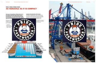 Konecranes Gottwald Model 4 Mobile Harbor Cranes
are compact, electrically driven universal cranes.
As representatives of the medium-sized crane family
from Konecranes, they offer powerful lifting capacity
curves with lifting capacities of up to 100 t, maximum
radii of 46 m and lifting speeds of up to 100 m/min.
Konecranes Gottwald Model 4 Mobile Harbor Cranes are
designed for a particularly broad range of applications.
In your universal or special-purpose terminal, they help
you on vessels up to Panamax class to handle:
• containers,
• general cargo,
• bulk materials and
• project cargo.
AS VERSATILE AS IT IS COMPACT
VARIANTS FOR DEDICATED APPLICATIONS
With Model 4 mobile harbor cranes, you profit from
a number of high-performance two-rope and four-rope
grab variants with a wide working radius for dedicated
operation. For the professional handling of bulk
materials, a 40-t grab curve is available for you.
Model 4 mobile harbor cranes are flexible all-rounders
and possess all the features you expect in a handling
machine for productive and durable operation.
Model 4 cranes are:
• versatile,
• easy to maintain,
• ergonomic and
• environmentally friendly.
MODEL 4 MOBILE HARBOR CRANES
Model 4 mobile harbor crane handling
containers on a Panamax class vessel
3KonecranesKonecranes Gottwald Mobile Harbor Cranes2 Konecranes Konecranes Gottwald Mobile Harbor Cranes
 