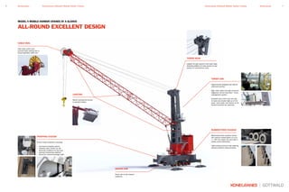 ALL-ROUND EXCELLENT DESIGN
MODEL 4 MOBILE HARBOR CRANES AT A GLANCE
DRIVER CAB
Driver cab on the chassis
(optional).
LIGHTING
Well-lit working site thanks
to powerful lamps.
CABLE REEL
Safe cable control and
reduced cable loading due to
torque-regulated cable reel.
PROPPING SYSTEM
Proven H-type stabilizers including:
• automated propping system,
• stabilizer pads chosen for the
particular conditions of the quay,
• optional interlocking stabilizer
beams for reduced passage width.
RUBBER-TIRED CHASSIS
Maintenance-free equalizer beams
with vertical compensation of up to
+/- 250 mm means the axle load is
always evenly distributed.
Tight turning circle and crab steering
provide excellent maneuverability.
TOWER HEAD
Ladders for safe ascent to the tower head.
Extended platform for easy access to rope
pulleys for maintenance work.
TOWER CAB
Ergonomically designed cab affords
enhanced comfort.
High crane uptime through enhanced
diagnostic via the Visumatic® crane
management system.
Excellent view of the work site due
to tower cab located high up on the
tower. Even better view thanks to the
forward-mounted cab (optional).
7KonecranesKonecranes Gottwald Mobile Harbor Cranes6 Konecranes Konecranes Gottwald Mobile Harbor Cranes
 