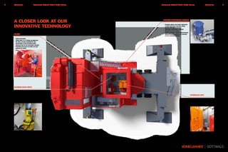 A CLOSER LOOK AT OUR
INNOVATIVE TECHNOLOGY
CLEARLY ARRANGED AND EASILY ACCESSIBLE
HOISTS
• Easily accessible
• Helical gear in a U-shape arrangement
• DC drive, smooth acceleration and
deceleration of the hoisting motion
• Second hoist for four-rope grab machine
• Protective enclosure for drive unit and
optional for hoists
SLEWING GEAR UNITS
• Slewing gear units designed as
modular assemblies
• The number of units as required for
the crane variant and application
• DC drive for smooth acceleration and
deceleration of the slewing motion
CENTRAL LUBRICATION SYSTEM
• Provides regular and proper lubrication
of slew ring, boom root and luffing
cylinder bearings
• Optionally extendable to include
chassis and rope pulleys
• Pinion lubrication using special-purpose,
high-performance grease via separate
central lubrication system
HYDRAULIC UNIT
• With main hydraulic pump and tank
• Supplies luffing cylinder, travel gear,
stabilizers, steering and brake
systems with hydraulic oil
9KonecranesKonecranes Gottwald Mobile Harbor Cranes8 Konecranes Konecranes Gottwald Mobile Harbor Cranes
 