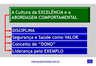 www.grupoincatep.com.br
DISCIPLINA
Segurança e Saúde como VALOR
Conceito de “DONO”
Liderança pelo EXEMPLO
A Cultura da EXCELÊNCIA e a
ABORDAGEM COMPORTAMENTAL
6
 