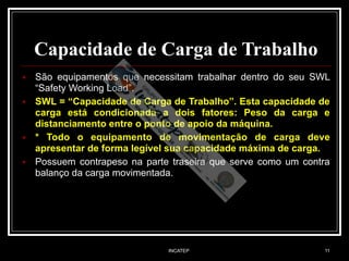 INCATEP 11
Capacidade de Carga de Trabalho
■ São equipamentos que necessitam trabalhar dentro do seu SWL
“Safety Working Load”.
■ SWL = “Capacidade de Carga de Trabalho”. Esta capacidade de
carga está condicionada a dois fatores: Peso da carga e
distanciamento entre o ponto de apoio da máquina.
■ * Todo o equipamento de movimentação de carga deve
apresentar de forma legível sua capacidade máxima de carga.
■ Possuem contrapeso na parte traseira que serve como um contra
balanço da carga movimentada.
 