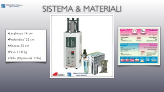SISTEMA & MATERIALI

•Larghezza 16 cm
•Profondita’ 22 cm
•Altezza 52 cm
•Peso 11,8 kg
•220v (Opzionale 110v)
 