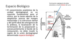 Espacio Biológico 
• El conocimiento anatómico de la 
unidad dentogingival es un 
requisito fundamental para el 
clínico, por lo tanto además de la 
adaptación precisa del margen 
restaurador a la estructura dental 
y del perfil ideal de emergencia de 
la prótesis, la localización de la 
terminación de la preparación y, 
consecuentemente el borde de la 
restauración, no debe invadir la 
región de la unión dentogingival 
denominada espacio biológico 
Terminación subgingival solo debe 
extenderse a mucho 0,5mm del surco 
0,69 mm 
0,97 mm 
1,07 mm 
 