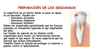 PREPARACIÓN DE LOS DESCANSOS
La superficie de un diente donde se posa un apoyo
es un descanso. Pueden ser :
- Descansos Oclusales
- Descansos Cíngulares
- Descansos Incisales
Deben ser preparadas garantizando que las fuerzas
oclusales se transmitan siguiendo el eje longitudinal
del pilar.
Los tejidos de soporte de los dientes están
organizados para recibir sin deteriorarse fuerzas
que siguen el eje mayor 18 veces superiores que las
fuerzas que actuan lateralmente.
También tienen la función de proteger al reborde y
papilas contra el aplastamiento.
 