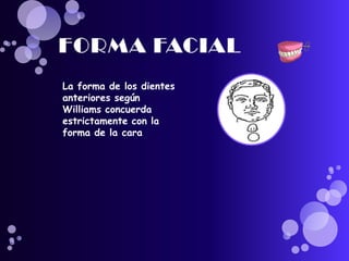La forma de los dientes
anteriores según
Williams concuerda
estrictamente con la
forma de la cara
 