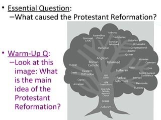 • Essential Question:
–What caused the Protestant Reformation?
• Warm-Up Q:
–Look at this
image: What
is the main
idea of the
Protestant
Reformation?
 