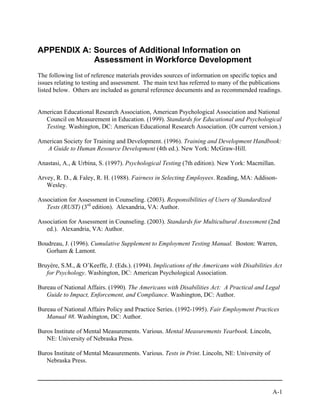 APPENDIX A: Sources of Additional Information on
            Assessment in Workforce Development
The following list of reference materials provides sources of information on specific topics and
issues relating to testing and assessment. The main text has referred to many of the publications
listed below. Others are included as general reference documents and as recommended readings.


American Educational Research Association, American Psychological Association and National
  Council on Measurement in Education. (1999). Standards for Educational and Psychological
  Testing. Washington, DC: American Educational Research Association. (Or current version.)

American Society for Training and Development. (1996). Training and Development Handbook:
  A Guide to Human Resource Development (4th ed.). New York: McGraw-Hill.

Anastasi, A., & Urbina, S. (1997). Psychological Testing (7th edition). New York: Macmillan.

Arvey, R. D., & Faley, R. H. (1988). Fairness in Selecting Employees. Reading, MA: Addison-
   Wesley.

Association for Assessment in Counseling. (2003). Responsibilities of Users of Standardized
   Tests (RUST) (3rd edition). Alexandria, VA: Author.

Association for Assessment in Counseling. (2003). Standards for Multicultural Assessment (2nd
   ed.). Alexandria, VA: Author.

Boudreau, J. (1996). Cumulative Supplement to Employment Testing Manual. Boston: Warren,
   Gorham & Lamont.

Bruyère, S.M., & O’Keeffe, J. (Eds.). (1994). Implications of the Americans with Disabilities Act
   for Psychology. Washington, DC: American Psychological Association.

Bureau of National Affairs. (1990). The Americans with Disabilities Act: A Practical and Legal
   Guide to Impact, Enforcement, and Compliance. Washington, DC: Author.

Bureau of National Affairs Policy and Practice Series. (1992-1995). Fair Employment Practices
   Manual #8. Washington, DC: Author.

Buros Institute of Mental Measurements. Various. Mental Measurements Yearbook. Lincoln,
   NE: University of Nebraska Press.

Buros Institute of Mental Measurements. Various. Tests in Print. Lincoln, NE: University of
   Nebraska Press.




                                                                                              A-1
 