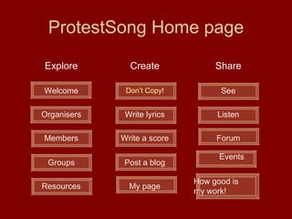 ProtestSong Home page Don’t Copy ! How good is  my work! My page Resources Events Post a blog Groups Forum Write a score Members Listen Write lyrics Organisers See Welcome Share Create Explore 
