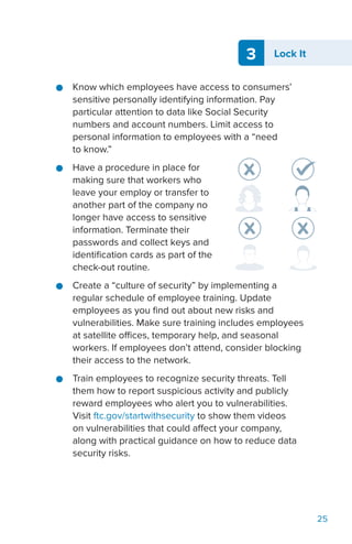 3 Lock It
25
●● Know which employees have access to consumers’
sensitive personally identifying information. Pay
particular attention to data like Social Security
numbers and account numbers. Limit access to
personal information to employees with a “need
to know.”
●● Have a procedure in place for
making sure that workers who
leave your employ or transfer to
another part of the company no
longer have access to sensitive
information. Terminate their
passwords and collect keys and
identification cards as part of the
check-out routine.
●● Create a “culture of security” by implementing a
regular schedule of employee training. Update
employees as you find out about new risks and
vulnerabilities. Make sure training includes employees
at satellite offices, temporary help, and seasonal
workers. If employees don’t attend, consider blocking
their access to the network.
●● Train employees to recognize security threats. Tell
them how to report suspicious activity and publicly
reward employees who alert you to vulnerabilities.
Visit ftc.gov/startwithsecurity to show them videos
on vulnerabilities that could affect your company,
along with practical guidance on how to reduce data
security risks.
 