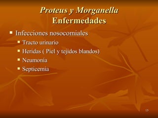 Proteus y Morganella Enfermedades Infecciones nosocomiales Tracto urinario Heridas ( Piel y tejidos blandos) Neumonía Septicemia 