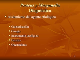 Proteus y Morganella Diagnóstico Aislamiento del agente etiológico Cateterización Cirugía Instrumento urológico Heridas Quemaduras 
