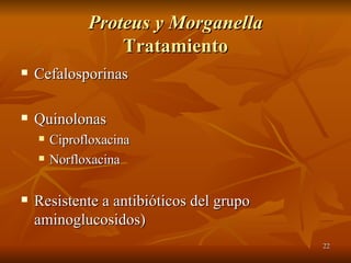 Proteus y Morganella Tratamiento Cefalosporinas Quinolonas Ciprofloxacina Norfloxacina Resistente a antibióticos del grupo aminoglucosidos) 