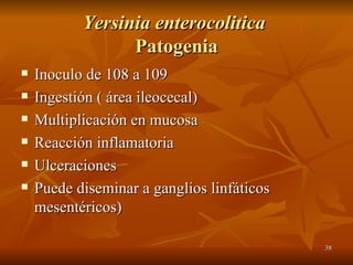 Yersinia enterocolitica   Patogenia Inoculo de 108 a 109  Ingestión ( área ileocecal) Multiplicación en mucosa  Reacción inflamatoria Ulceraciones Puede diseminar a ganglios linfáticos mesentéricos) 