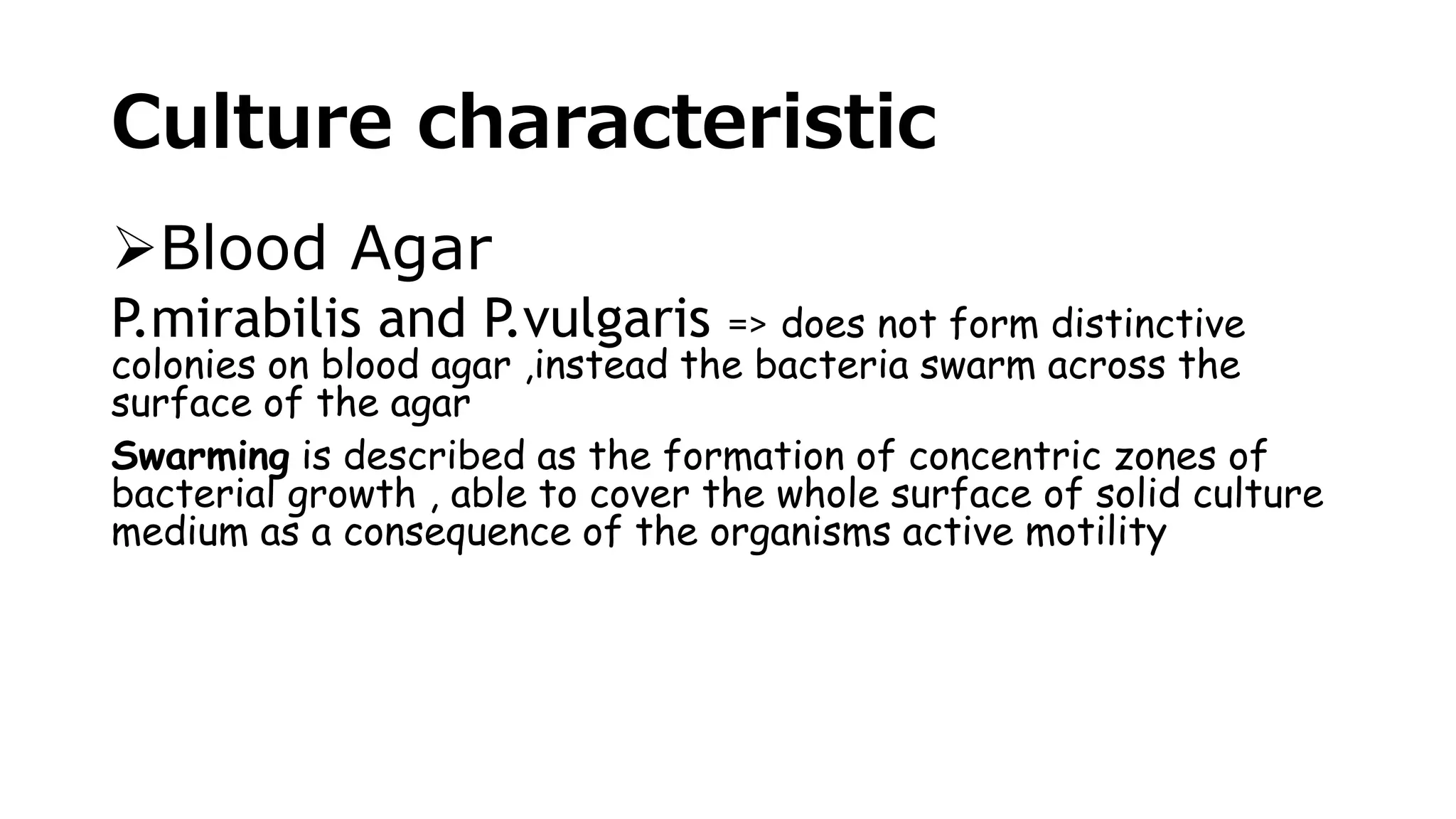 Culture characteristic
Blood Agar
P.mirabilis and P.vulgaris => does not form distinctive
colonies on blood agar ,instead the bacteria swarm across the
surface of the agar
Swarming is described as the formation of concentric zones of
bacterial growth , able to cover the whole surface of solid culture
medium as a consequence of the organisms active motility
 