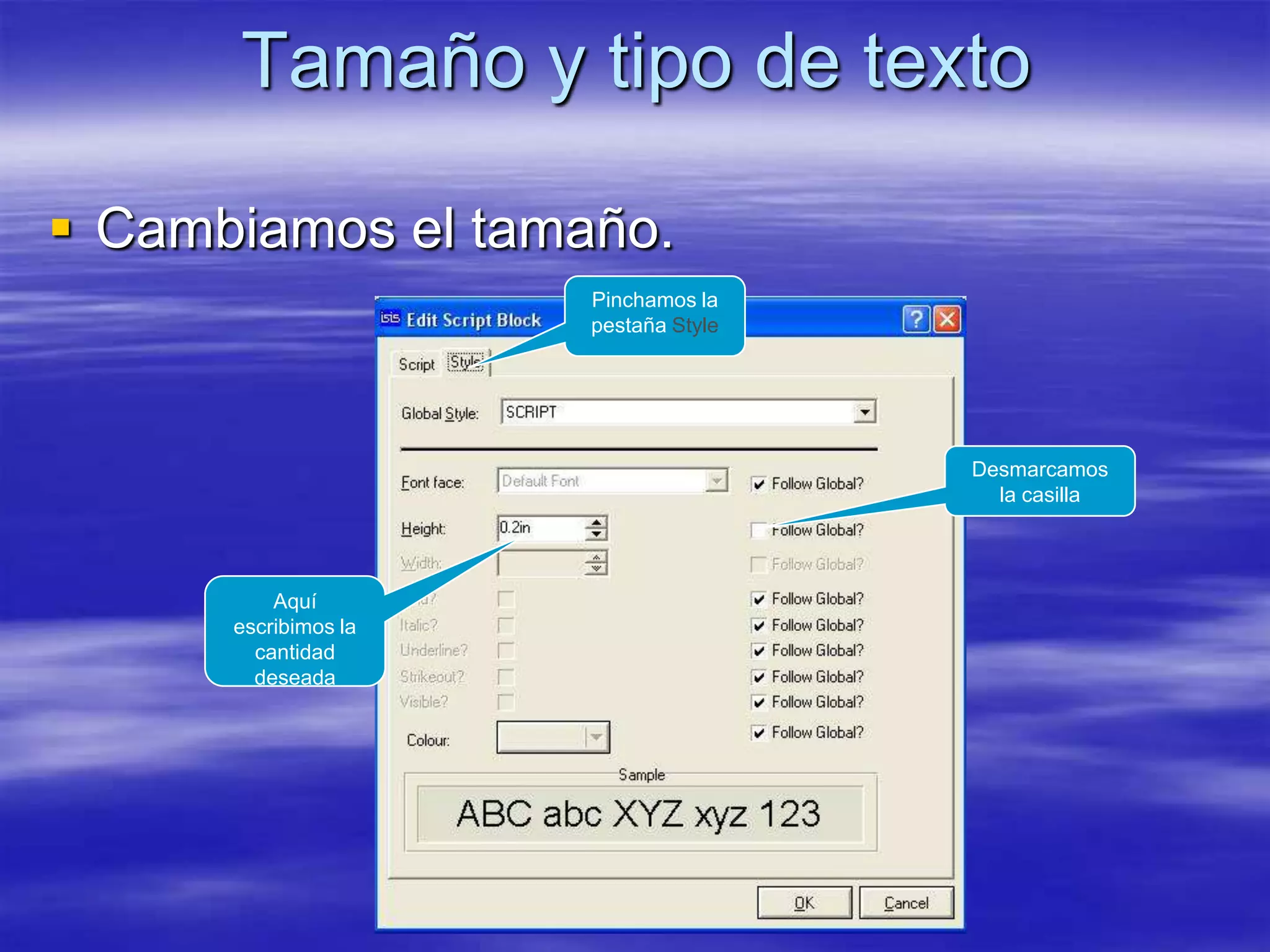 Tamaño y tipo de texto

 Cambiamos el tamaño.
                      Pinchamos la
                      pestaña Style




                                      Desmarcamos
                                        la casilla




          Aquí
      escribimos la
        cantidad
        deseada
 