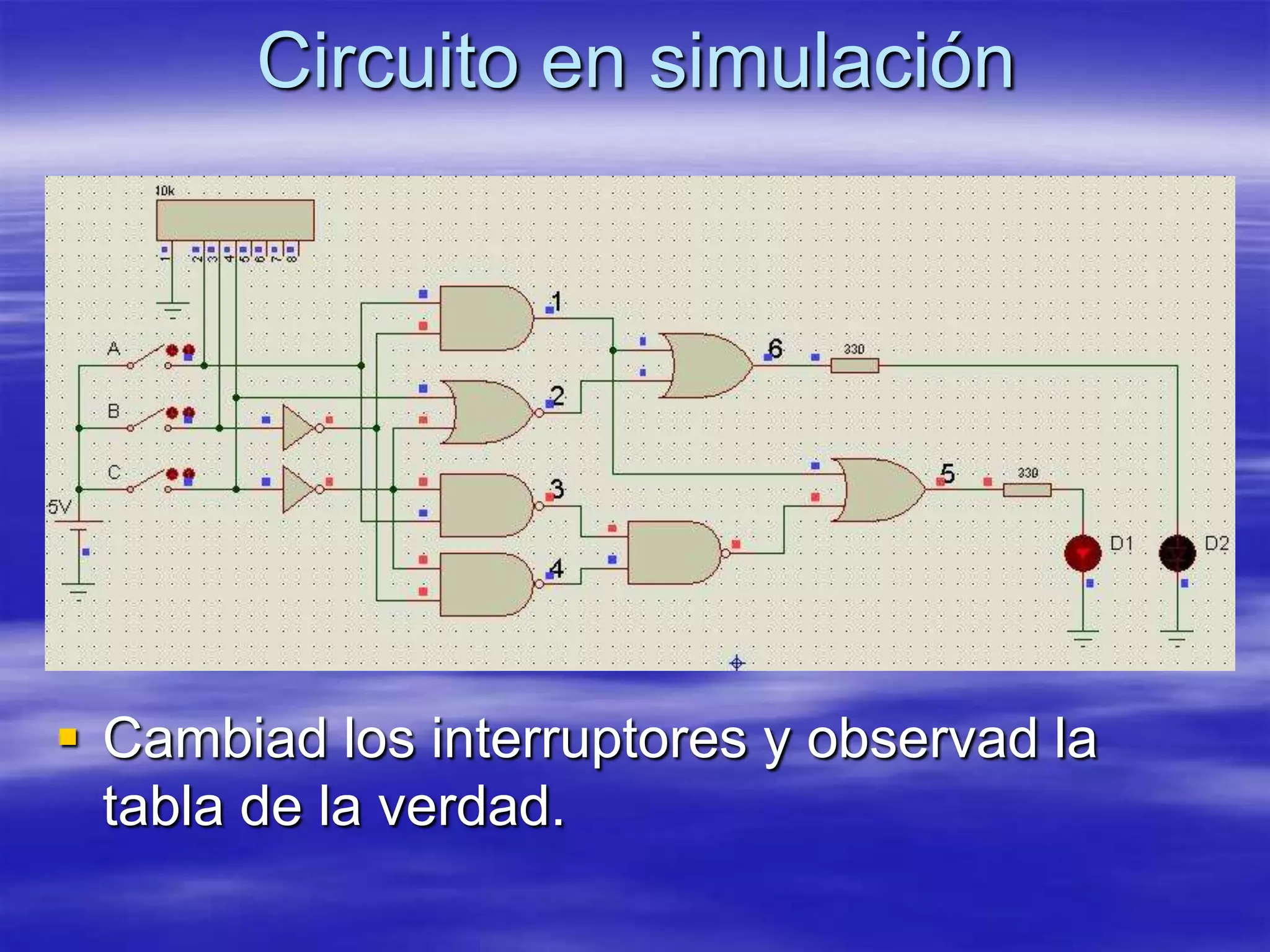 Circuito en simulación




 Cambiad los interruptores y observad la
  tabla de la verdad.
 