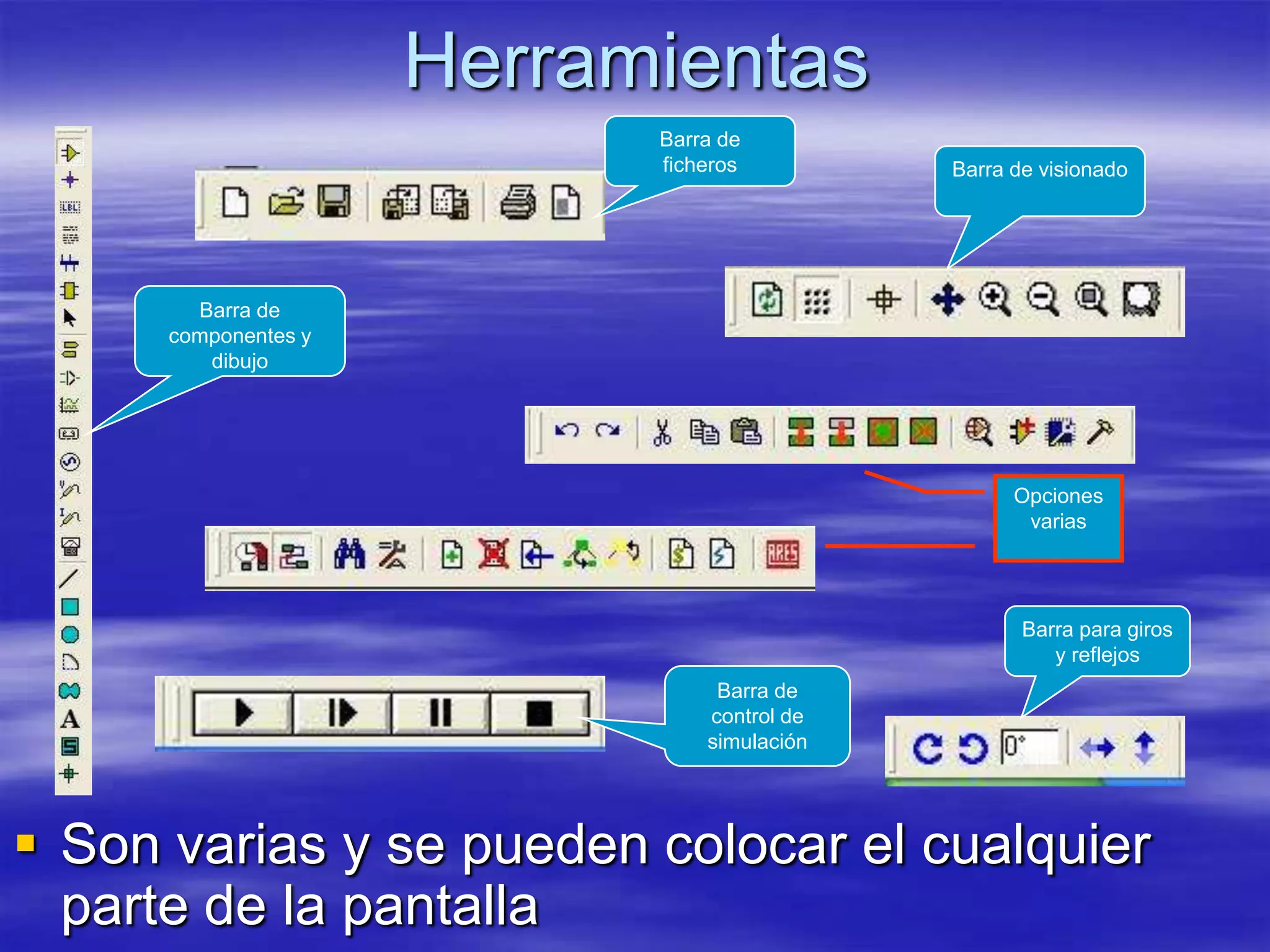 Herramientas
                            Barra de
                            ficheros         Barra de visionado




        Barra de
      componentes y
         dibujo




                                                   Opciones
                                                    varias




                                                    Barra para giros
                                                       y reflejos
                                 Barra de
                                control de
                                simulación




 Son varias y se pueden colocar el cualquier
  parte de la pantalla
 