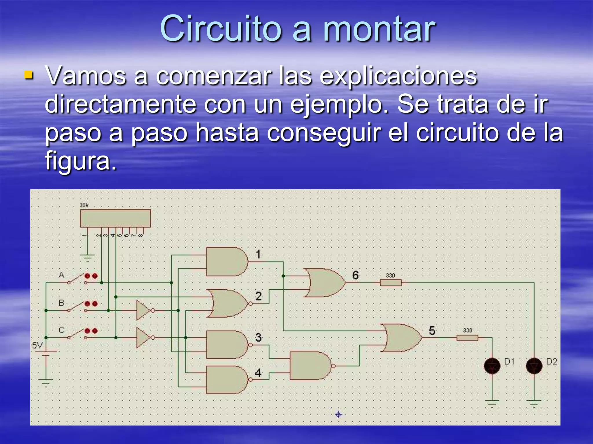 Circuito a montar
 Vamos a comenzar las explicaciones
  directamente con un ejemplo. Se trata de ir
  paso a paso hasta conseguir el circuito de la
  figura.
 