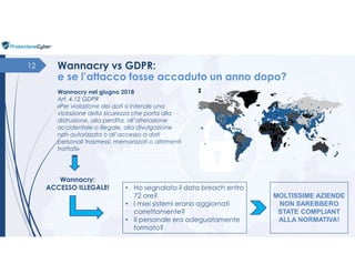 12 Wannacry vs GDPR:
e se l’attacco fosse accaduto un anno dopo?
12
Wannacry nel giugno 2018
Art. 4.12 GDPR
«Per violazion...