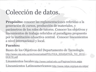 Colección de datos.
Propósito: conocer las reglamentaciones referidas a la
generación de cursos, producción de materiales, y
parámetros de los roles de tutores. Conocer los objetivos y
lineamientos de trabajo referidos al paradigma propuesto
por la institución eduactiva central. Conocer lineamientos
a nivel internacional y local.
Fuentes:
Bases de los Objetivos del Departamento de Tecnología.
http://www.cep.edu.uy/archivos/ceibal/POLITICA_EDUCATIVA_TIC_2012-
DCETE.pdf
Linamientos locales:http://www.ceibal.edu.uy/Paginas/Inicio.aspx
Lineamientos Latinoamericanos:http://www.relpe.org/que-es-relpe/
 